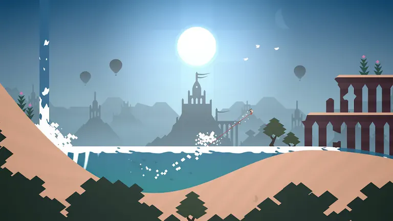 Schermata di Alto's Odyssey: sandboard sopra una duna davanti a una città tempio