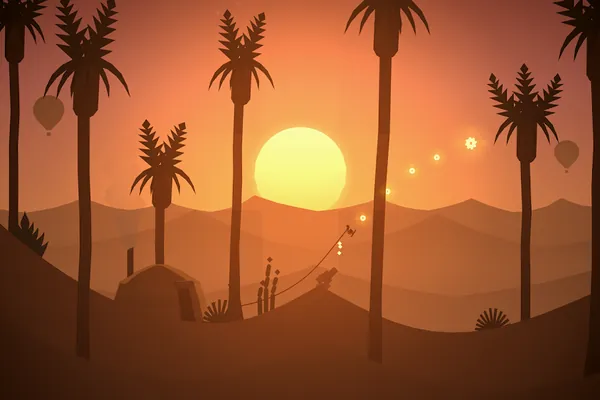Schermata di Alto's Odyssey: tramonto fra le palme del deserto
