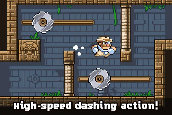 Schermata di Duke Dashington Remastered: stanza in pixel art con corridoi e ostacoli rotanti