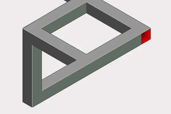 Schermata di hocus.: figura geometrica impossibile con un cubo rosso