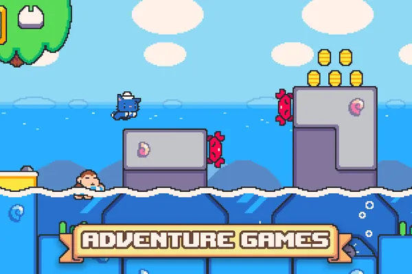 Schermata di Super Cat Tales 2: gatto in pixel art che salta su piattaforme in riva al mare